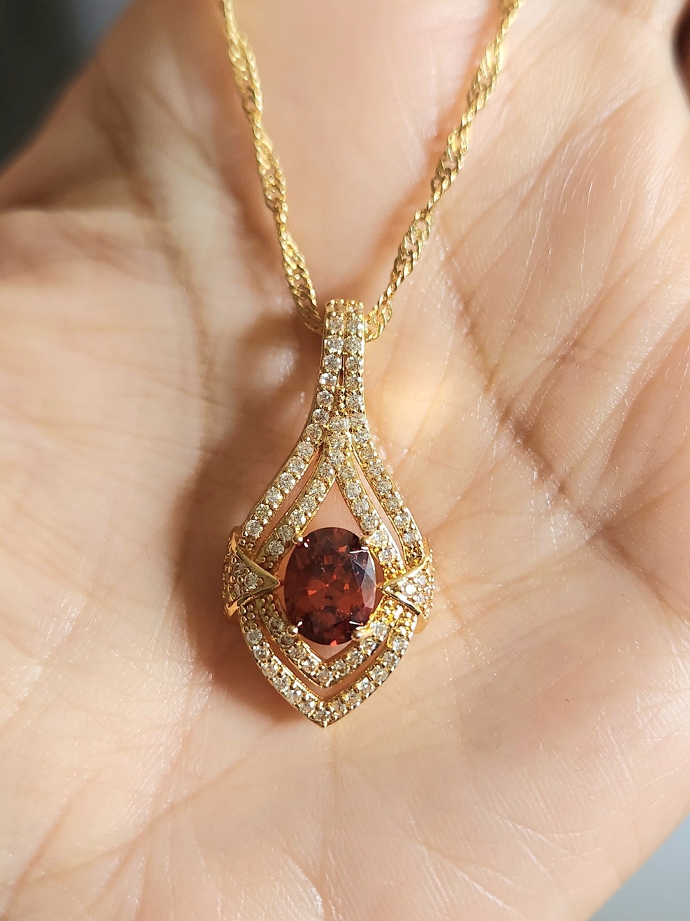 New 18K Gold Plated Oval Cut Ruby Diamond Necklace Pendant And Chain